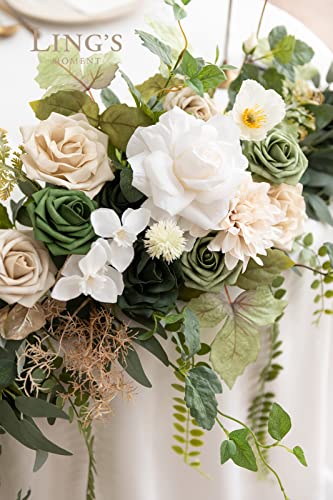 Ling's Moment 9FT Eucalyptus and Willow Leaf Garland with White Flower, Handcrafted Wedding Sweetheart Table Centerpieces Head Table Decor Arch Backdrop Decorations for Wedding | Emerald Tawny Beige