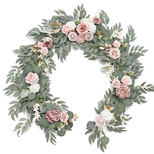 Ling's Moment Artificial Eucalyptus Garland with Flowers 6FT, Wedding Table Garland with Flowers Handcrafted Wedding Centerpieces for Rehearsal Dinner Bridal Shower | Dusty Rose