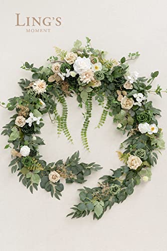 Ling's Moment 9FT Eucalyptus and Willow Leaf Garland with White Flower, Handcrafted Wedding Sweetheart Table Centerpieces Head Table Decor Arch Backdrop Decorations for Wedding | Emerald Tawny Beige