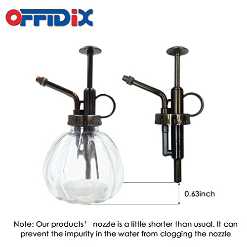 OFFIDIX Transparent Glass Watering Spray Bottle, 6.3 Inches Tall Vintage Style with Bronze Plastic Top Pump One Hand Plant Mister Glass Watering Can Indoor