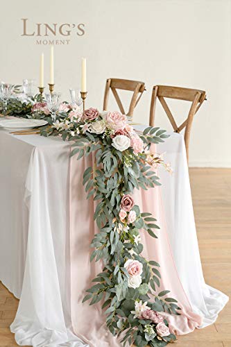 Ling's Moment Artificial Eucalyptus Garland with Flowers 6FT, Wedding Table Garland with Flowers Handcrafted Wedding Centerpieces for Rehearsal Dinner Bridal Shower | Dusty Rose