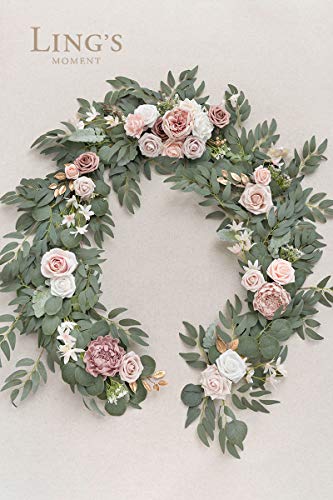 Ling's Moment Artificial Eucalyptus Garland with Flowers 6FT, Wedding Table Garland with Flowers Handcrafted Wedding Centerpieces for Rehearsal Dinner Bridal Shower | Dusty Rose