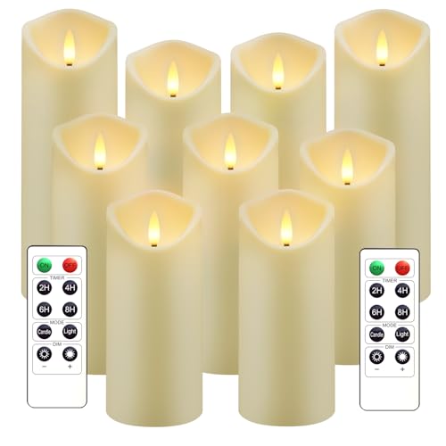 Set of 9 Flickering Flameless LED Pillar Candles
