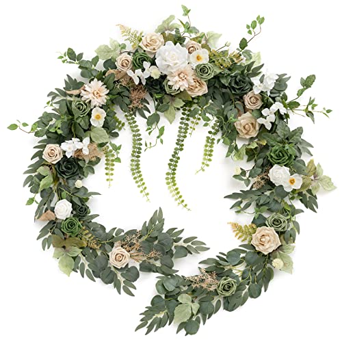 Ling's Moment 9FT Eucalyptus and Willow Leaf Garland with White Flower, Handcrafted Wedding Sweetheart Table Centerpieces Head Table Decor Arch Backdrop Decorations for Wedding | Emerald Tawny Beige
