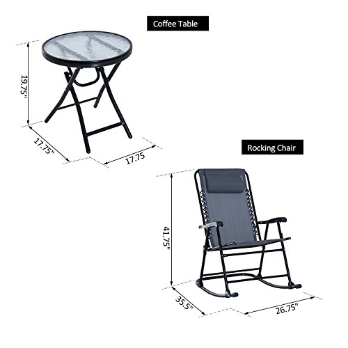 Outsunny Rocking Bistro Set with Glass Tabletop, Grey