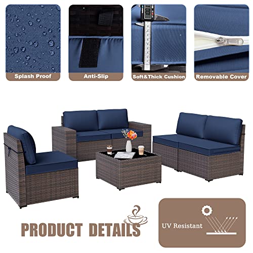 6-Piece Wicker Patio Sofa Set - Navy Blue
