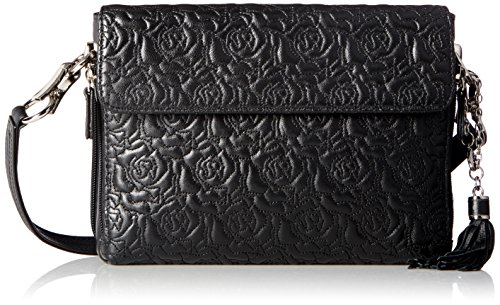Black cross-body shoulder bag with rose embroidery, medium-sized