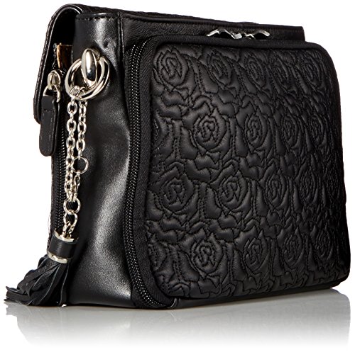 Black cross-body shoulder bag with rose embroidery, medium-sized