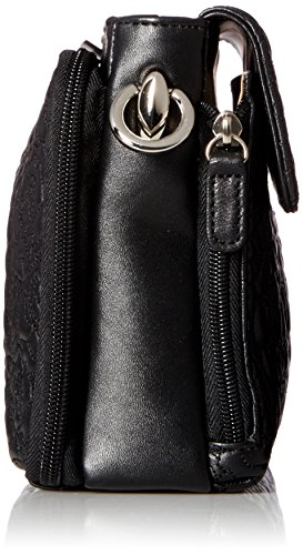 Black cross-body shoulder bag with rose embroidery, medium-sized