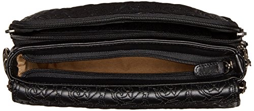 Black cross-body shoulder bag with rose embroidery, medium-sized