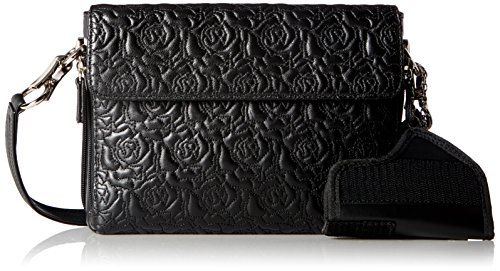 Black cross-body shoulder bag with rose embroidery, medium-sized