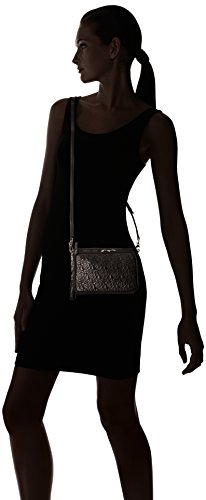 Black cross-body shoulder bag with rose embroidery, medium-sized