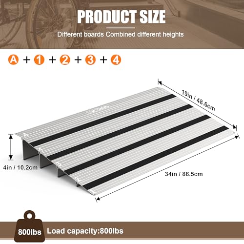 4" Aluminum Threshold Ramp for Wheelchairs, 800lbs Capacity