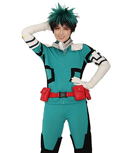 miccostumes Men's Costume Anime Hero Cosplay Green Fighting Suit Green Full-body Jumpsuit With red belt And Knee Pads (L)