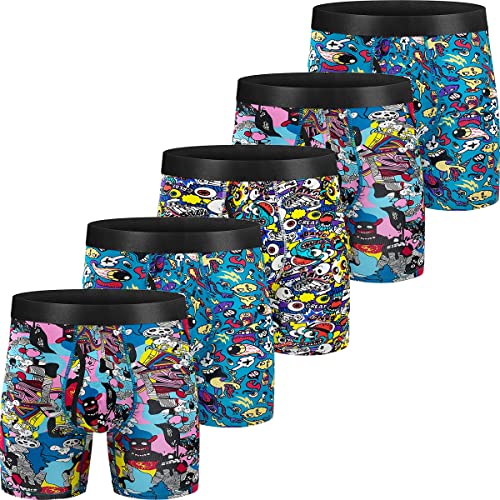longfor Mens Boxer Briefs, Cotton Underwear Comfy Breathable Tagless No Ride-up 6’’ Regular Leg Printing Sport Boxer Briefs with Fly 5Pack