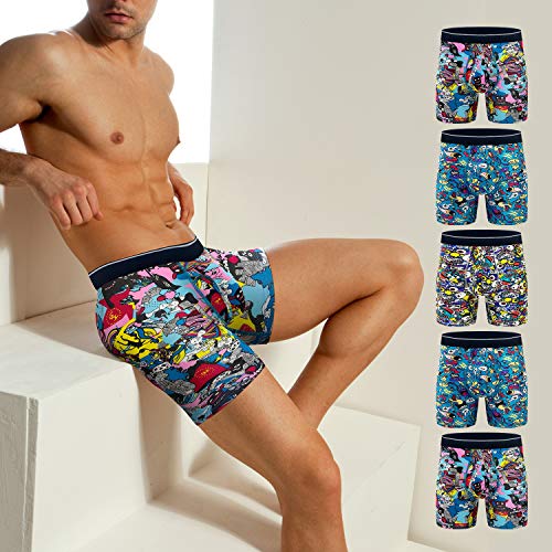 longfor Mens Boxer Briefs, Cotton Underwear Comfy Breathable Tagless No Ride-up 6’’ Regular Leg Printing Sport Boxer Briefs with Fly 5Pack