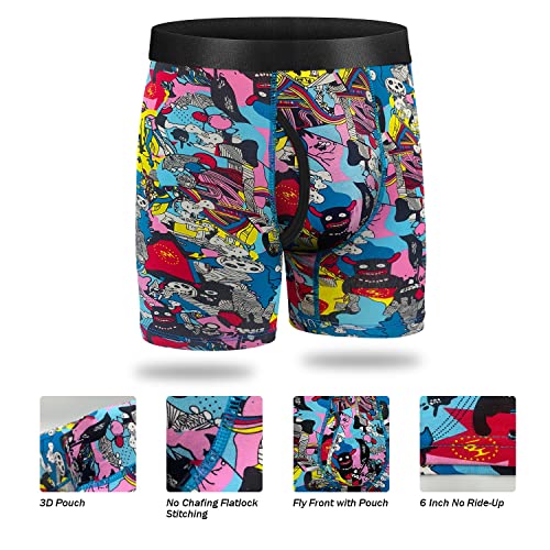 longfor Mens Boxer Briefs, Cotton Underwear Comfy Breathable Tagless No Ride-up 6’’ Regular Leg Printing Sport Boxer Briefs with Fly 5Pack
