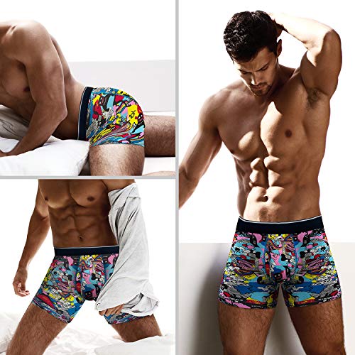 longfor Mens Boxer Briefs, Cotton Underwear Comfy Breathable Tagless No Ride-up 6’’ Regular Leg Printing Sport Boxer Briefs with Fly 5Pack