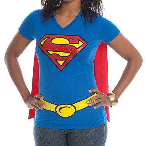 DC Comics Supergirl Glitter Logo Juniors Costume Cosplay Cape T-Shirt Tee Shirt Superman (Large) Blue