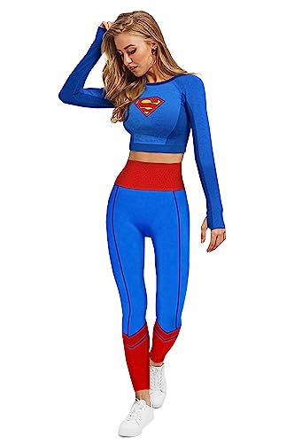 DC Comics Supergirl Womens Cosplay Active Workout Outfits – Legging and Shirt 2PC Sets Superman by MAXXIM Supergirl Medium