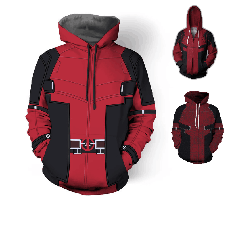 Superhero Deadpool Cosplay Hoodie 3D Hooded Polyester Spring Deadpool Hooded Halloween Unisex Fashion Jacket Thin Party Costume