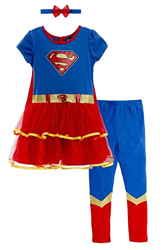 WARNER BROS Justice League Supergirl Little Girls Costume Dress Leggings Cape and Headband 4 Piece Set 7-8