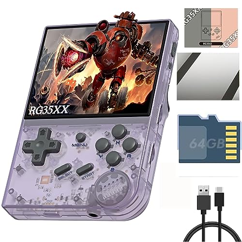 Anbêrnic RG35XX Handheld Emulator Pocket Retro Handheld Game Console, 3.5 Inch IPS Screen Linux System Built-in 64G TF Card 5474 Classic Games Support HDMI TV Output (Transparent Purple1)