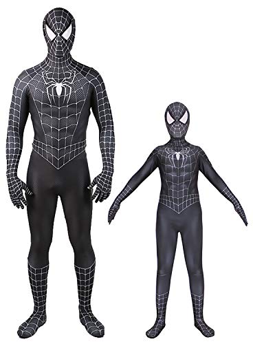 PREQUA Halloween Kids Superhero Costume Cosplay Black Suit Zentai Onesie Outfit Jumpsuit Pretend Play Spandex 3D Style for Boys 9-10T