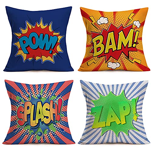 Qinqingo Super Hero Quote Pillow Covers Set of 4 Pow/Bam/Splash/Zap with Exclamation Pattern Art Comic Design Decorative Throw Pillow Covers Cushion Case for Sofa Couch (Comic, 18" x 18")