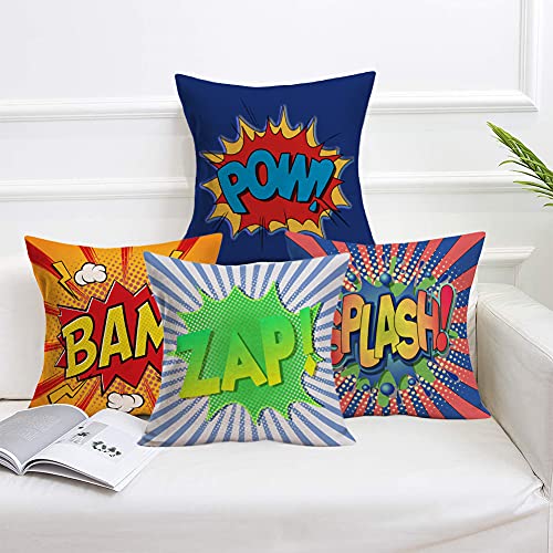 Qinqingo Super Hero Quote Pillow Covers Set of 4 Pow/Bam/Splash/Zap with Exclamation Pattern Art Comic Design Decorative Throw Pillow Covers Cushion Case for Sofa Couch (Comic, 18" x 18")