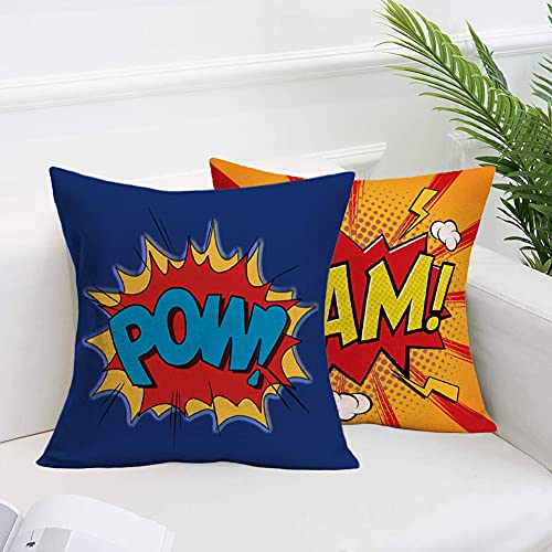 Qinqingo Super Hero Quote Pillow Covers Set of 4 Pow/Bam/Splash/Zap with Exclamation Pattern Art Comic Design Decorative Throw Pillow Covers Cushion Case for Sofa Couch (Comic, 18" x 18")