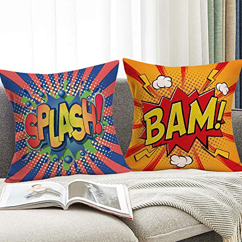 Qinqingo Super Hero Quote Pillow Covers Set of 4 Pow/Bam/Splash/Zap with Exclamation Pattern Art Comic Design Decorative Throw Pillow Covers Cushion Case for Sofa Couch (Comic, 18" x 18")