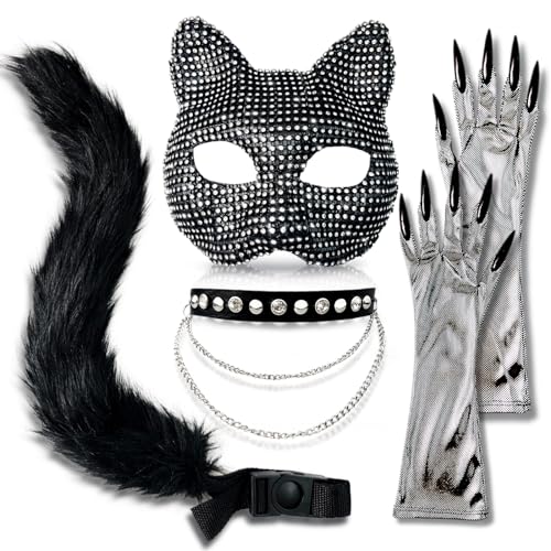 SlendyPop Cat Costume for Woman Cat Collar Choker Gloves Rhinestone Cat Masquerade Mask Cat Tail Cat Woman Accessories Costume For Halloween
