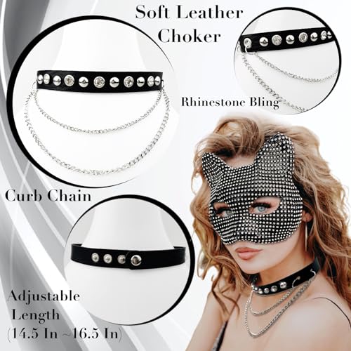 SlendyPop Cat Costume for Woman Cat Collar Choker Gloves Rhinestone Cat Masquerade Mask Cat Tail Cat Woman Accessories Costume For Halloween