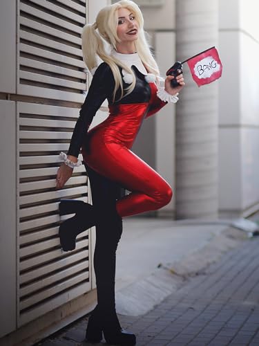 Kepblom Shiny Metallic Unitard - Red & Black One piece Union Suit Cosplay Outfit Zentai Suit Catsuit Dancewear, Red & Black, M