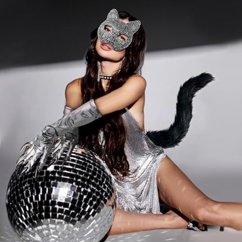 SlendyPop Cat Costume for Woman Cat Collar Choker Gloves Rhinestone Cat Masquerade Mask Cat Tail Cat Woman Accessories Costume For Halloween