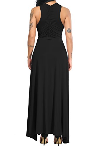Velius Women Sexy Hollow Out Halter Wrap Sleeveless Plain Pleated Slit Casual Long Maxi Dress (Small, Black)