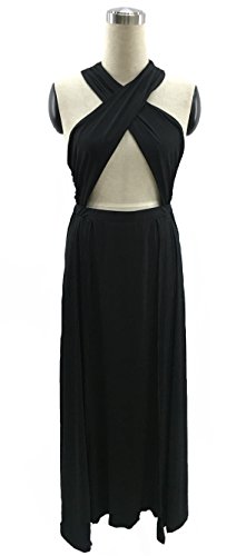 Velius Women Sexy Hollow Out Halter Wrap Sleeveless Plain Pleated Slit Casual Long Maxi Dress (Small, Black)