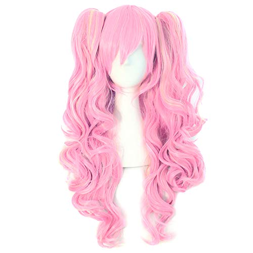 MapofBeauty Multi-color Lolita Long Curly Clip on synthetic Ponytails Cosplay Wig (Pink/Blonde)