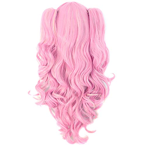MapofBeauty Multi-color Lolita Long Curly Clip on synthetic Ponytails Cosplay Wig (Pink/Blonde)