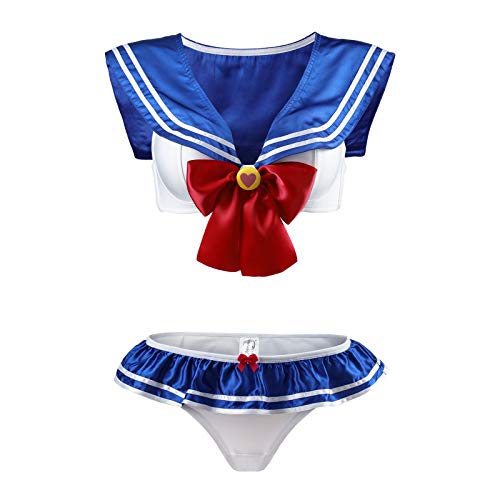 Littleforbig Women Nightwear Sexy Sailor Collar Sleeveless Backless Bikini Briefs Magical Girls Lingerie Set Blue M