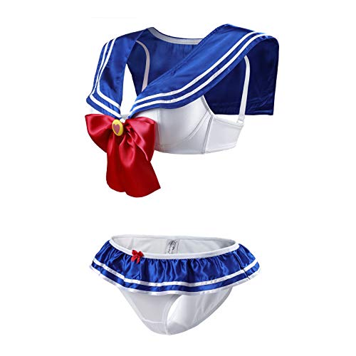 Littleforbig Women Nightwear Sexy Sailor Collar Sleeveless Backless Bikini Briefs Magical Girls Lingerie Set Blue M
