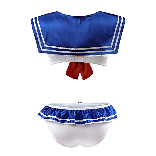 Littleforbig Women Nightwear Sexy Sailor Collar Sleeveless Backless Bikini Briefs Magical Girls Lingerie Set Blue M