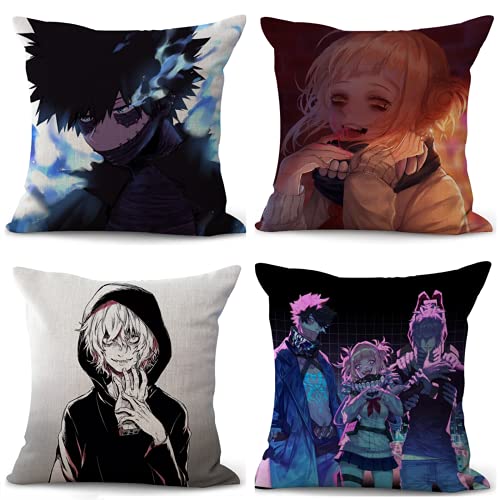 XIXISA 4pcs Anime My Hero Academia Dabi Toga Shigaraki Pillowcase MHA Square Throw Pillow Case Covers Home Decorative Accent Pillows Cover 18"x18", Set of 4 (B, 18x18 inch)