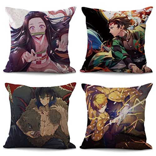 XIXISA 4-Pack Anime Throw Pillowcase 18x18 Inches, Nezuko Tanjirou Zenitsu Inosuke Pillow Covers Anime Decorative Pillow Cases Set (18"x18", B)