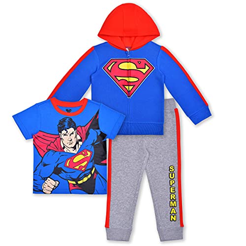 DC Comics Superman Boys’ Zip Up Hoodie, T-Shirt and Jogger Set for Toddler and Little Kids – Blue/Gray