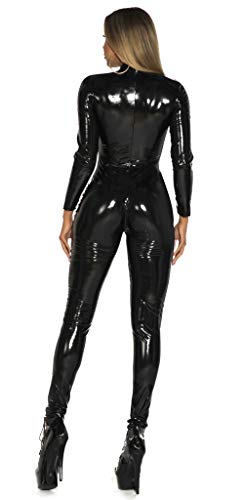 Women's Cat Suit Halloween Costume Zipper Front Wet Look Full Body Adult Sized Jumpsuit One Piece Bodysuit Shiny Leather Bodycon Black US Size-S