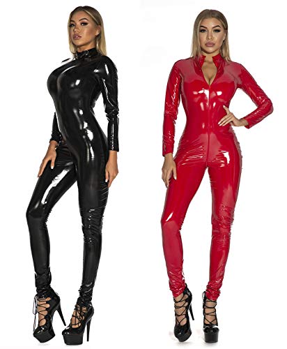Women's Cat Suit Halloween Costume Zipper Front Wet Look Full Body Adult Sized Jumpsuit One Piece Bodysuit Shiny Leather Bodycon Black US Size-S