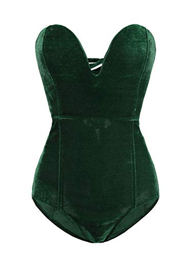 Choies Women's Burgundy/Black Sexy Plunge Neck Strapless Cross Back Velvet Bodysuit (Small, Green-New)