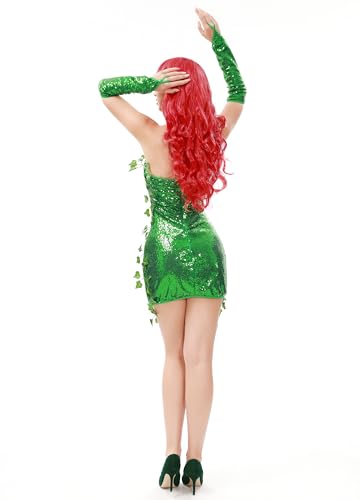 Bigu Poison Costume Women Ivy Halloween Outfit 4 Piece with Eye Mask Gloves Cape Green, Medium